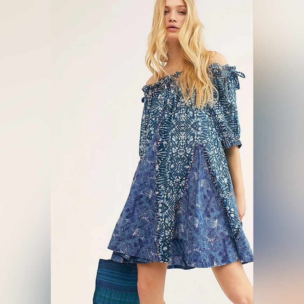 Free People Jet Set Blue Off-the-Shoulder Mini Dress Size L